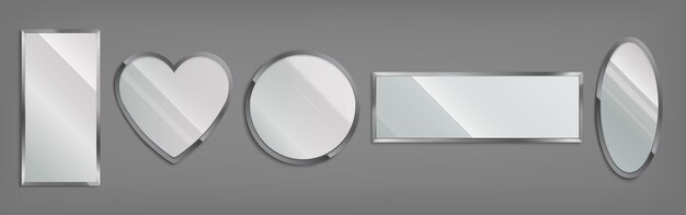 Spiegel im Metallrahmen in Form von Kreis, Herz, Oval und Rechteck lokalisiert auf grauem Hintergrund. Vektor-realistischer Satz glänzender Glasspiegel mit Chromrand. Moderne Dekoration für Bad