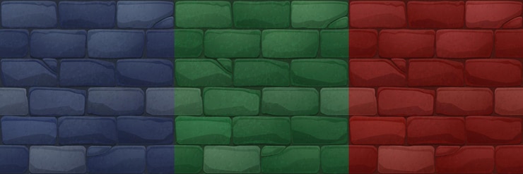 Kostenlose Vektor spieltexturen der backsteinwand-fassade mit roten, grünen und blauen steinblöcken vector cartoon nahtlose muster aus mauerwerk, vintage-mauerwerk für hausfassade oder pflaster