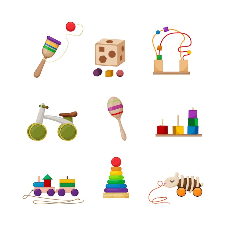 Kostenlose Vektor spielzeug aus holz baby-cartoon-symbole set vektor