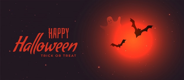 Spooky halloween banner mit roten mond und fliegenden fledermäusen