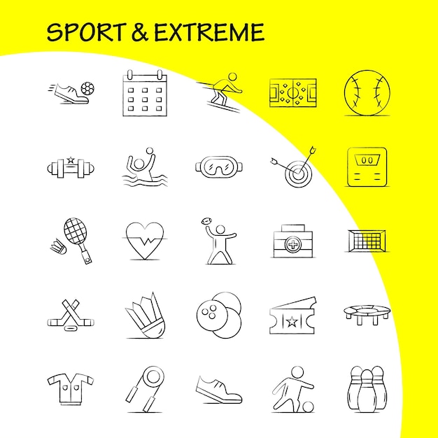 Kostenloser Vektor sport und extreme handgezeichnete symbole für infografiken, mobiles uxui-kit und druckdesign, gehören fußballball, netz, sport, fußballspiel, sport, fußball, symbolsatz, vektor