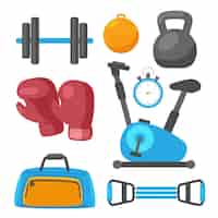 Kostenloser Vektor sportkonzept mit bällen und spielartikeln fitnessgeräte für training und cardio-set im fitnessstudio vektor gesunde lebensweise illustration