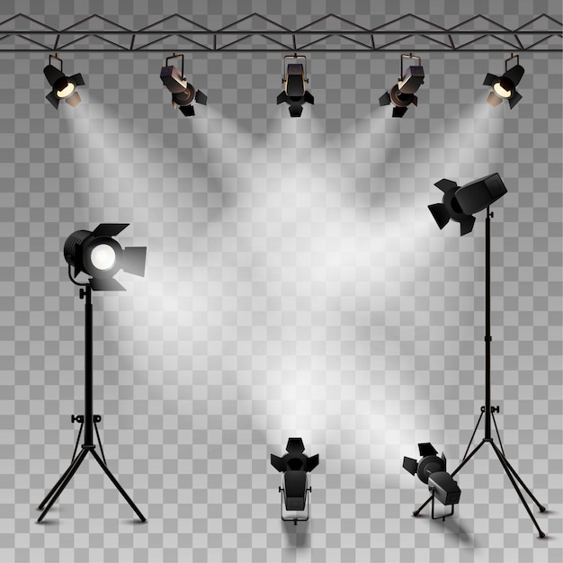 Spotlights realistischer transparenter hintergrund für showwettbewerb oder -interview