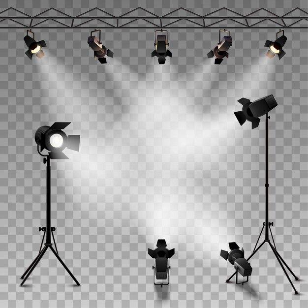 Spotlights realistischer transparenter Hintergrund für Showwettbewerb oder -interview