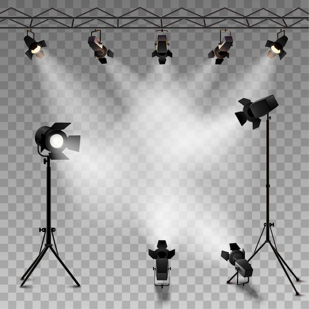 Spotlights realistischer transparenter Hintergrund für Showwettbewerb oder -interview
