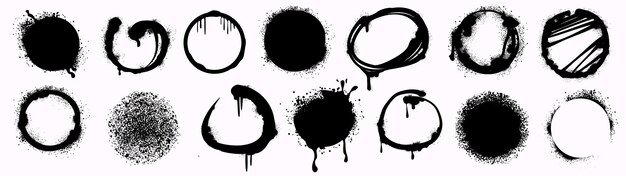 Spray-Graffiti schwarze Kreise mit tropfenden Flecken und Tintenflecken im Street-Art-Stil