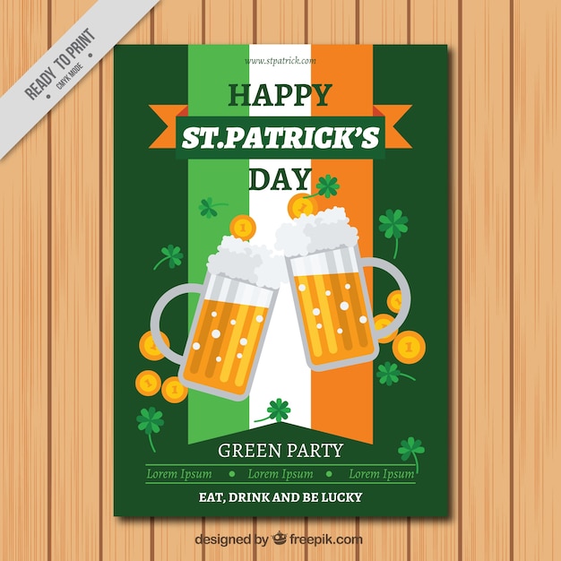St patrick tages faltblatt mit irischer flagge und bier