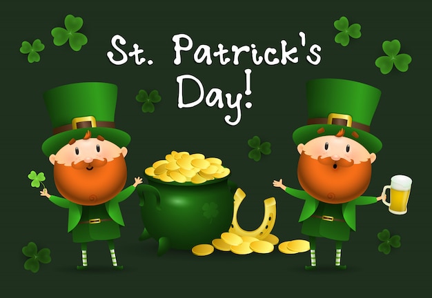 St. patricks day-schriftzug mit kobolde und goldschatz