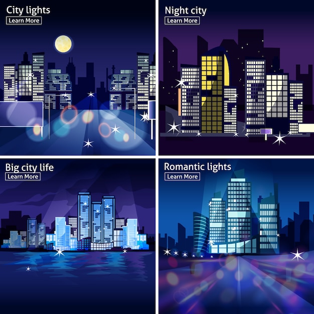 Stadt-Nachtlandschaft-Icon-Set