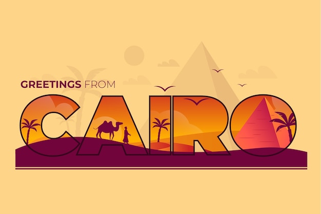 Kostenloser Vektor stadtbeschriftung kairo mit kamelen
