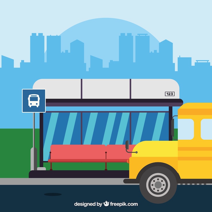 Kostenlose Vektor stadtbus und bushaltestelle mit flachem design