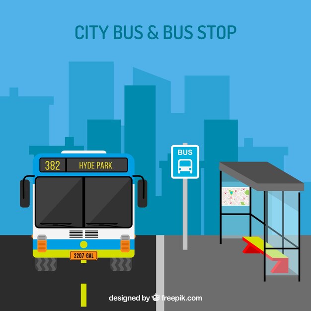 Stadtbus und Bushaltestelle mit flachem Design