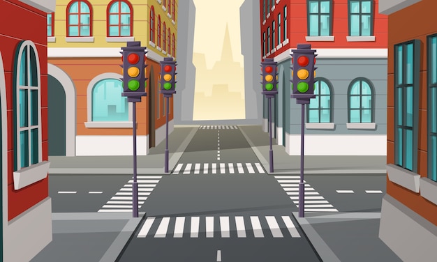 Kostenloser Vektor stadtkreuzung mit ampeln, kreuzung. karikaturillustration der städtischen landstraße