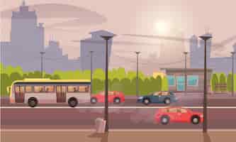 Kostenloser Vektor stadtluftverschmutzungsfahrzeuge mit erschöpfenden rohren auf stadtbildhintergrund transportmittel auf der straße mit rauchökologieproblem umweltkatastrophenkonzept
