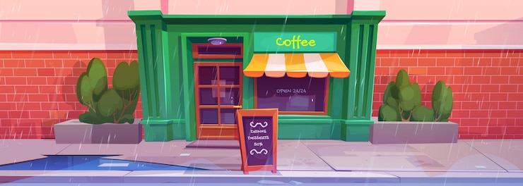 Kostenlose Vektor stadtstraße mit café-front im regen