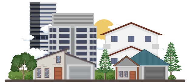 Kostenloser Vektor städtische landschaft mit häusern und gebäuden