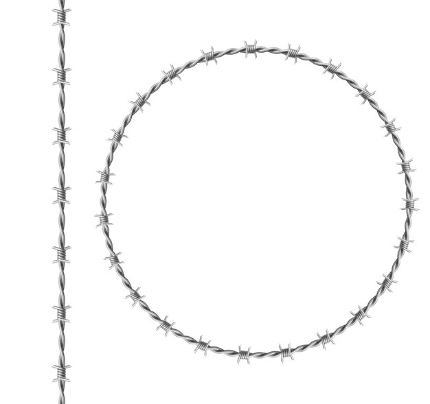 Stahl-Stacheldraht-Satz, Kreisrahmen aus verdrilltem Draht mit Widerhaken lokalisiert auf weißem Hintergrund. realistische nahtlose Grenze der Metallkette mit scharfen Dornen für Gefängniszaun, militärische Grenze