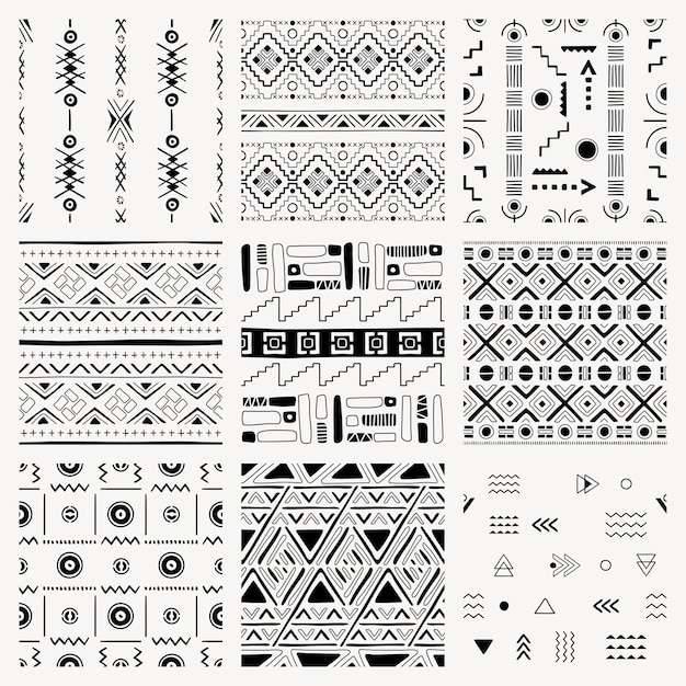 Stammes-Musterhintergrund, nahtloses geometrisches Schwarzweiss-Design, Vektorsatz