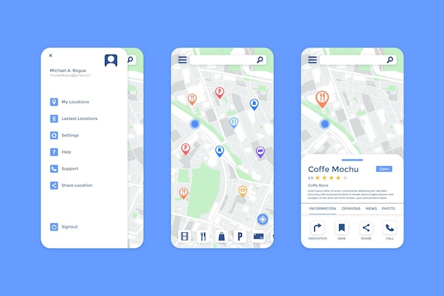 Kostenloser Vektor standort-app-oberfläche