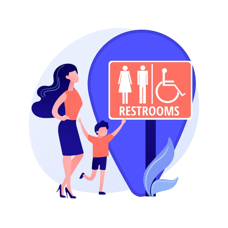 Kostenlose Vektor standort der öffentlichen toiletten. toilettenschild, männliche und weibliche waschräume, wc und geotag-symbol. gentleman und dame silhouetten auf toilettenschild. vektor isolierte konzeptmetapherillustration