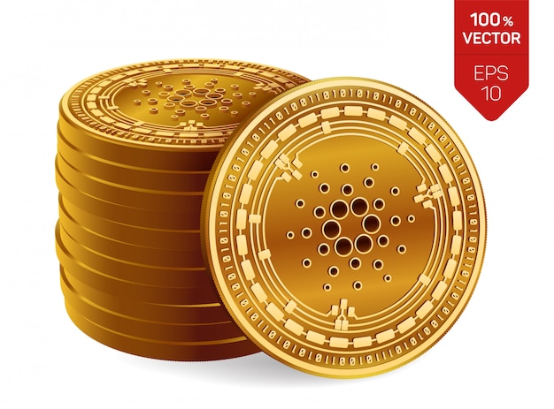 Stapel goldener Münzen mit Cardano-Symbol lokalisiert auf weißem Hintergrund.
