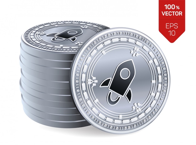 Stapel von silbernen Kryptowährungsmünzen mit stellarem Symbol lokalisiert auf weißem Hintergrund.