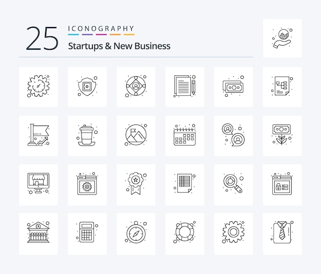 Startups And New Business 25 Line-Icon-Pack, einschließlich Banknotenprojektversicherungsplanungsproduktion