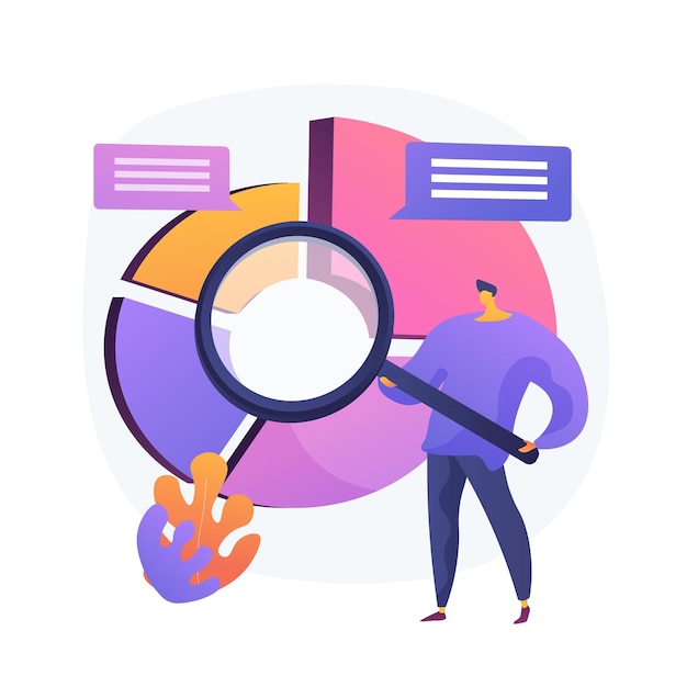 Kostenloser Vektor statistische analyse. mannkarikaturfigur mit lupenanalysedaten. kreisdiagramm mit bunten segmenten. statistik, prüfung, forschung.
