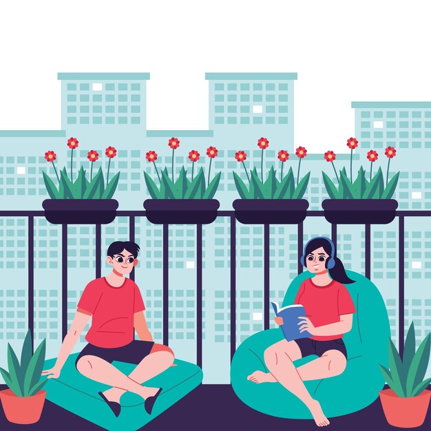 Staycation zu Hause Balkon mit Mann und Frau
