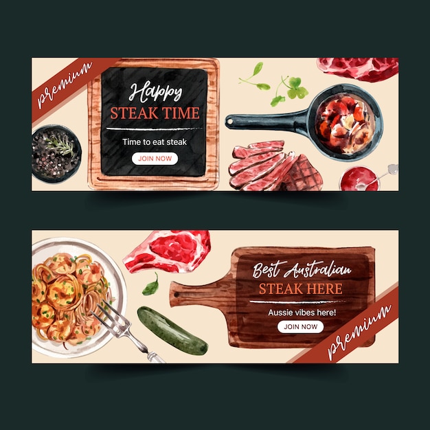 Steak banner design mit gegrilltem fleisch, spaghetti aquarell illustration.