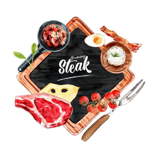 Steakkranzentwurf mit Reis, Fleisch, Tomatenaquarellillustration