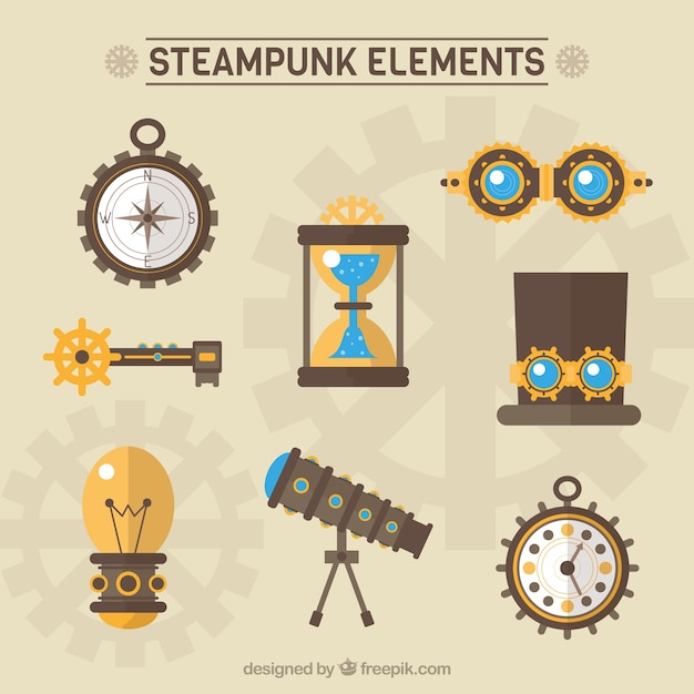 Steampunk-elemente packen in flaches design