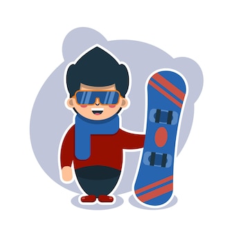 Stehender süßer junge mit snowboard und sonnenbrille, der in warmer kleidung blauem schal gekleidet ist