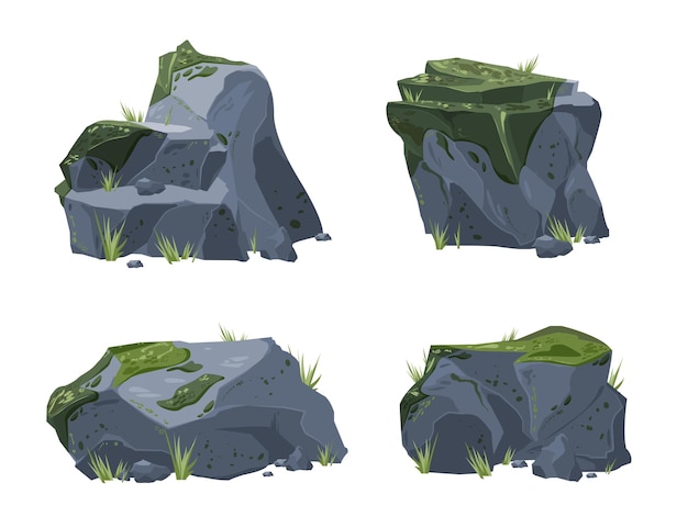 Kostenloser Vektor steingarten wilde natursteine mit spärlicher vegetation grünes wachstumsmoos 4 realistische landschaftselemente illustration
