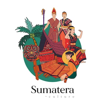Stellen sie bataknese sumatera illustration ein. handgezeichneter indonesischer kulturhintergrund