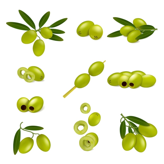 Kostenloser Vektor stellen sie mit realistischen ikonen der grünen oliven mit lokalisierten bildern von reifen olivenblattscheiben und stockvektorillustration ein