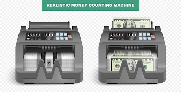 Kostenloser Vektor stellen sie mit zwei lokalisierten realistischen ansichten der geldzählmaschine mit geladenem bargeld und leerer gerätevektorillustration ein