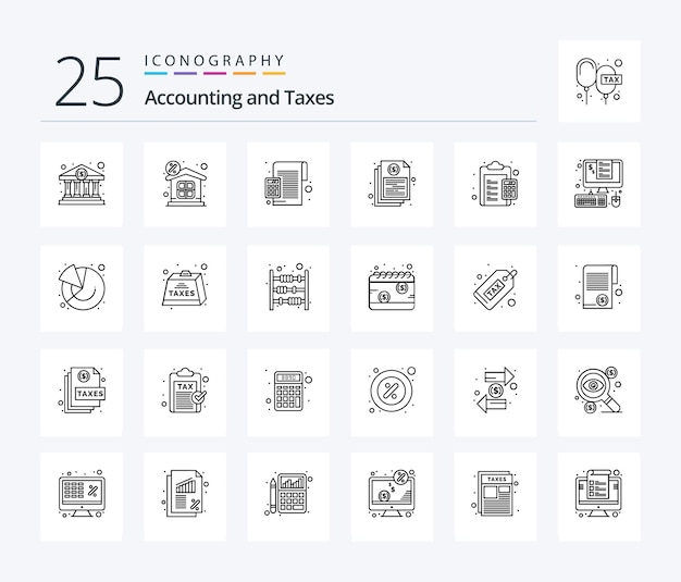 Steuern 25-zeilen-icon-paket einschließlich berichtsdatei-buchhaltungsdokumentprozentsatz