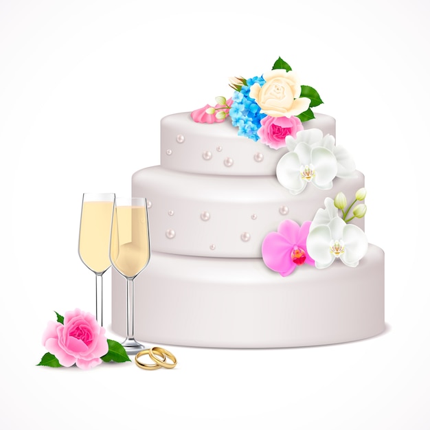 Stilvolle festliche Hochzeitstorte verziert mit Blumen und Paar Gläsern Champagner realistische Kompositionsillustration