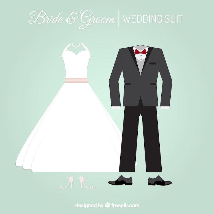 Kostenlose Vektor stilvolle hochzeitsanzug und brautkleides