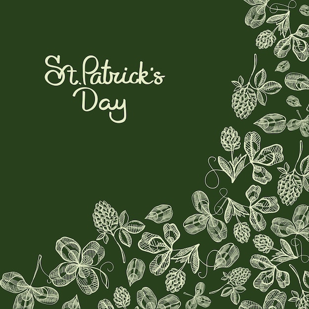 Kostenloser Vektor stilvolle typografie design gekritzelkarte mit inschrift über traditionelle st. patricks day und weiße bilder von klee, hopfen, blüte vektor-illustration