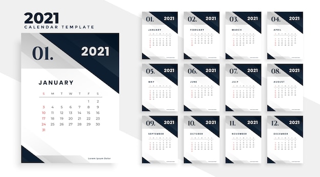 Kostenloser Vektor stilvolles kalenderschablonendesign des neuen jahres 2021