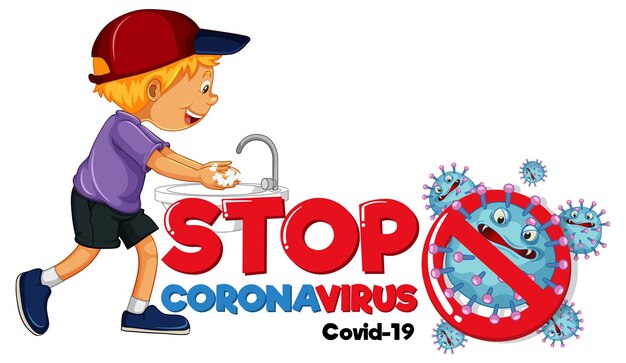 Stoppen Sie das Coronavirus-Banner mit einem Jungen, der sich die Hände auf weißem Hintergrund wäscht