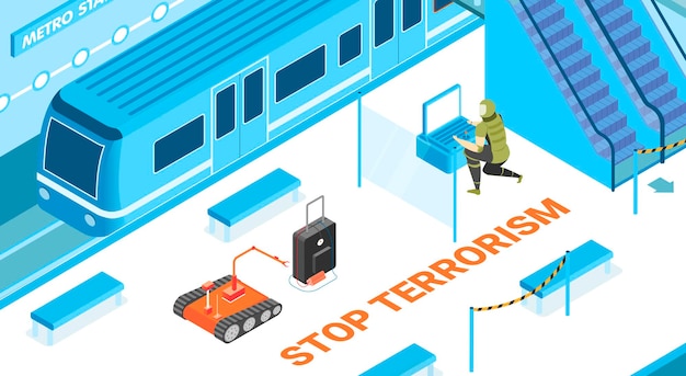 Stoppen Sie den Terrorismus mit isometrischer Illustration der unterirdischen Sicherheitssymbole