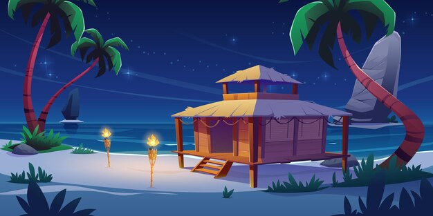 Strandhütte oder Bungalow nachts auf tropischer Insel