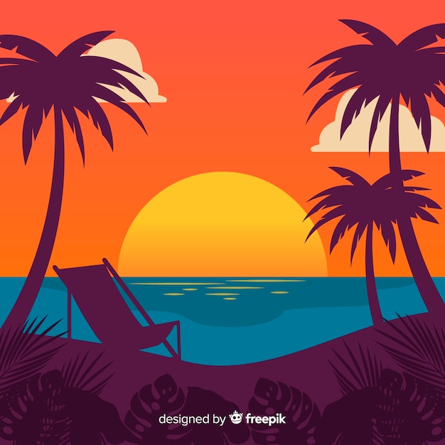 Kostenloser Vektor strandsonnenuntergang mit palmenschattenbildern