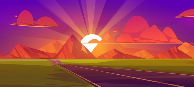 Straße bei Sonnenuntergang in den Bergen, Naturlandschaft mit Sonne hinter den Felsen, lila Himmel und roten Wolken. Leere asphaltierte Autobahn, die zu Felsen und grüner Feldperspektive führt, Cartoon-Vektorillustration