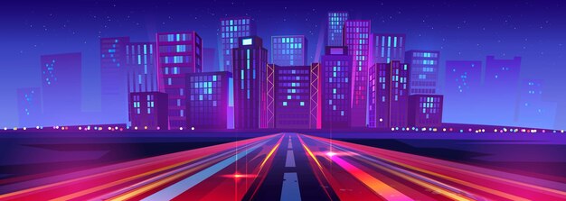 Straße mit Hochgeschwindigkeitslichtern führt in eine Stadt mit mehrstöckigen Gebäuden vor klarem Sternenhimmel. Futuristisches Stadtbild mit neonleuchtenden Gebäuden auf der Autobahn mit Bewegungseffekt. Cartoon-Vektorillustration