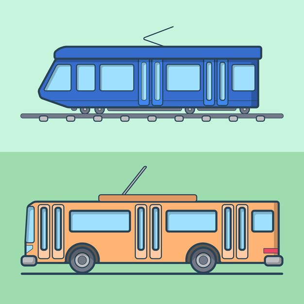 Straßenbahn Oberleitungsbus Oberleitungsbus Set für öffentliche Verkehrsmittel. Lineare Strichumriss-Symbole.