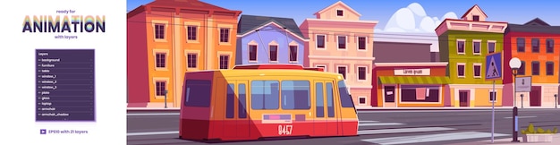 Straßenbahnfahrt auf Retro-City-Street-Game-Hintergrund mit Layern, die für die Animation bereit sind Trolley-Wagen auf Vintage-Stadtbild Parallax-Effekt mit antiken Gebäuden Cartoon-Vektor-Straßenbahn-Eisenbahn-Pendler